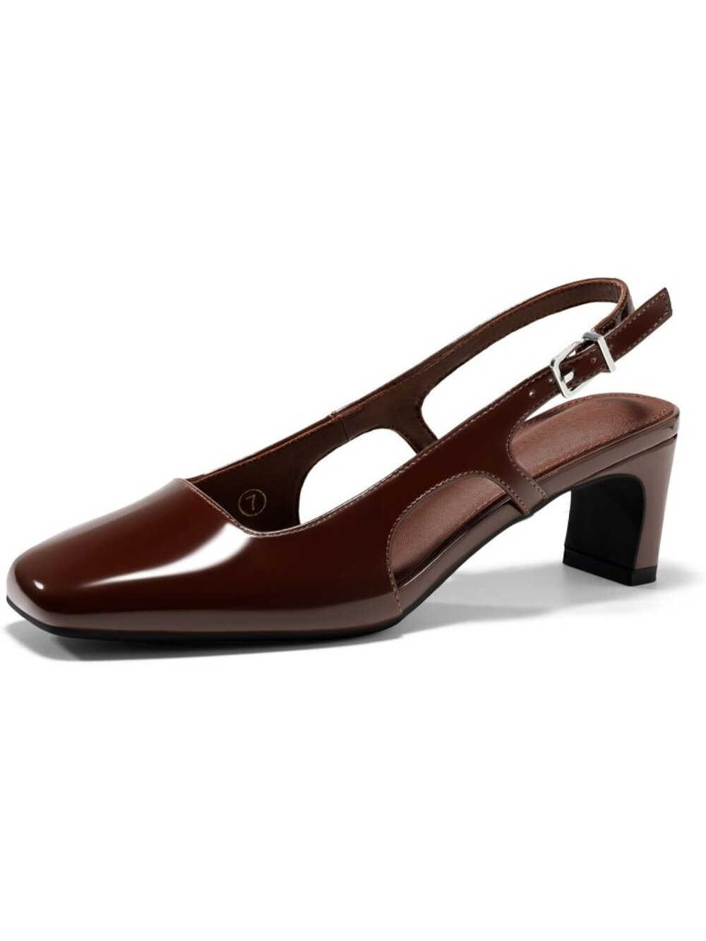 Women's Coffee Patent Closed Square Toe Slingback Chunky Low Heels Pumps Shoes
